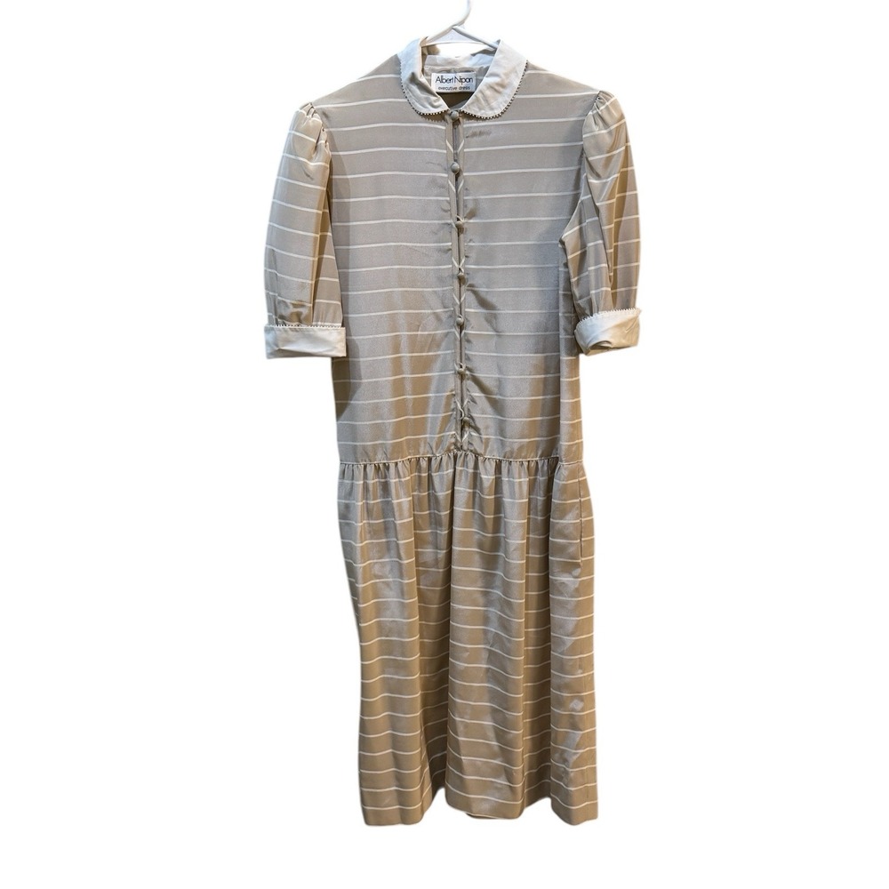 VTG Albert Nipon Dress Womens Drop Waist Beige Puff Sleeves Satin Striped Size 8